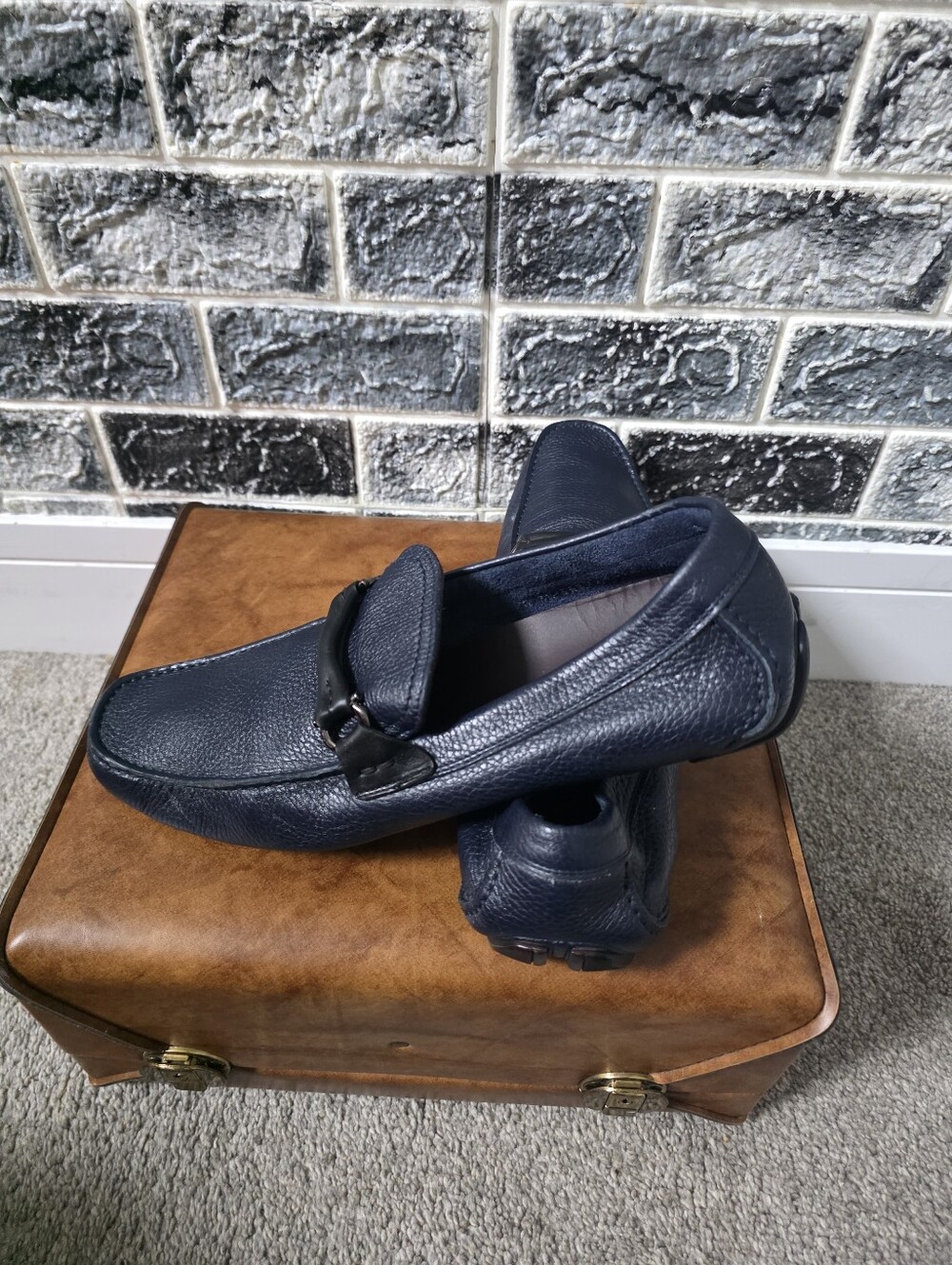 Salvatore Ferragamo Men's Navy Leather Loafers Size 9.5 - Picture 9 of 13